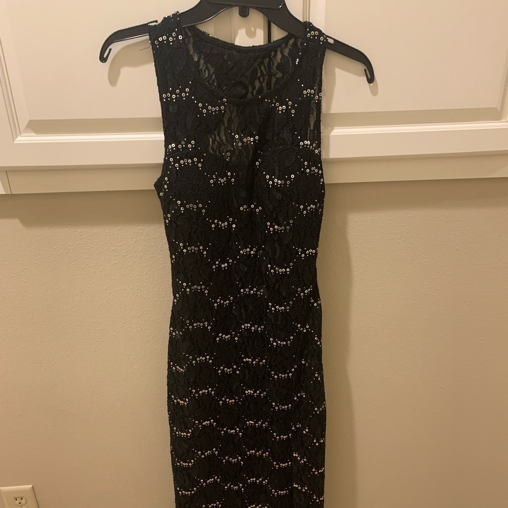 Long black sequin petite lace dress